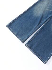 Jeans dritti rilassati per ragazze adolescenti, stile vintage, bohémien, Y2K, urban street, con dettagli dello stub, vita elasticizzata e chiusura a bottone, tasche piatte e dettagli a baffi di gatto - Blu lavato scuro - Visualizzare 7