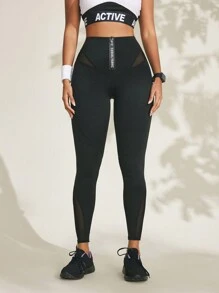 SHEIN Sports Damskie legginsy z siateczki z taśmą Letter Tape Splice, odpowiednie do codziennych ćwiczeń i aktywności na świeżym powietrzu - Czarne - Zobacz 7