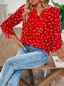 SHEIN Unity Women's Casual Commute Chiffon Printed V-Neck 3/4 Ruffle Sleeve Pullover Blouse - Multicolor - View 3