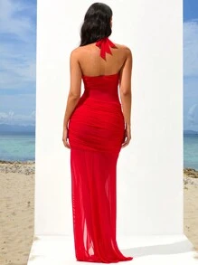 Opulessa 情人节海滩假期优雅长裙，红色针织网眼开衩吊带女式紧身长裙