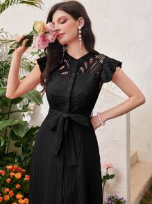 Modelyn Burgundy Red Women's Solid Color Simple Daily Wear Belted Dress - Black - View 6