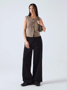 SHEIN EZwear Women's Front Button Sleeveless Plaid Minimalist Casual Thin Blazer