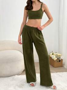 RueChic Women 2 Pcs Cotton Textured Fabric Detail Sleeveless Top And Long Bottom Homewear Set - Dark Green - View 3