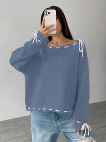 SHEIN Unity Áo len tay dài màu trơn họa tiết cà vạt đơn giản, đa năng cho nữ, thời trang thu đông - Màu xanh lam - Xem 4