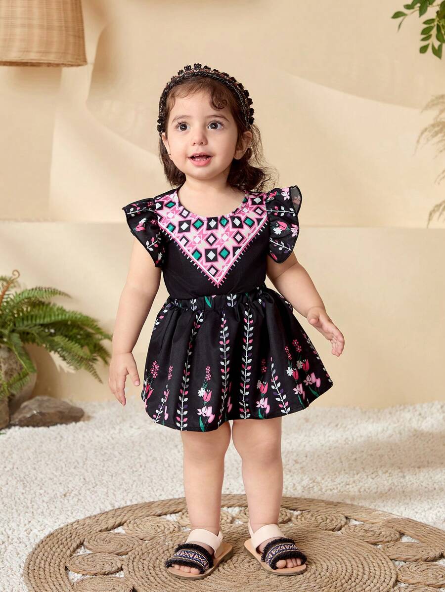 SHEIN 2pcs/Set Baby Girl 0-3Y Elegant Retro Pattern Cap Sleeve Top With Floral Pleated Skirt, Suitable For Traditional Festival Outing, All Season