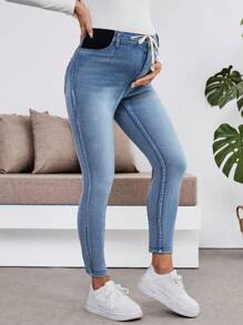 SHEIN Maternity Adjustable Drawstring Waist Blue Denim Skinny Stretchy 3/4 Leggings - Blue - View 7