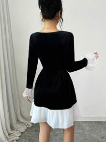 SHEIN Unity 女款優雅黑白蕾絲網格拼接迷你洋裝，天鵝絨度假派對服飾，秋季女裝套裝 - 黑色 - 查看 2