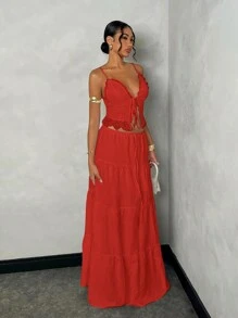 SHEIN BAE 女士夏季假期浪漫约会休闲蕾丝吊带背心上衣 + 低腰褶皱 A 字长裙套装，白色亚麻面料 - 紅色 - 查看 3