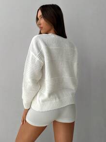 Aloruh Suéter blanco suelto con patrón jacquard, unicolor. Nuevo lanzamiento para mujer, otoño/invierno
