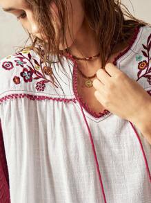 Bohemela Boho Tropical Vacation Woman Clothes Women Plain Color Patchwork Floral Embroidered Long Sleeve Casual Shirt