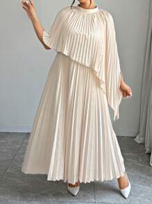 SHEIN LUNE Women's Solid Color Pleated Woven Satin Dress - Apricot - View 1