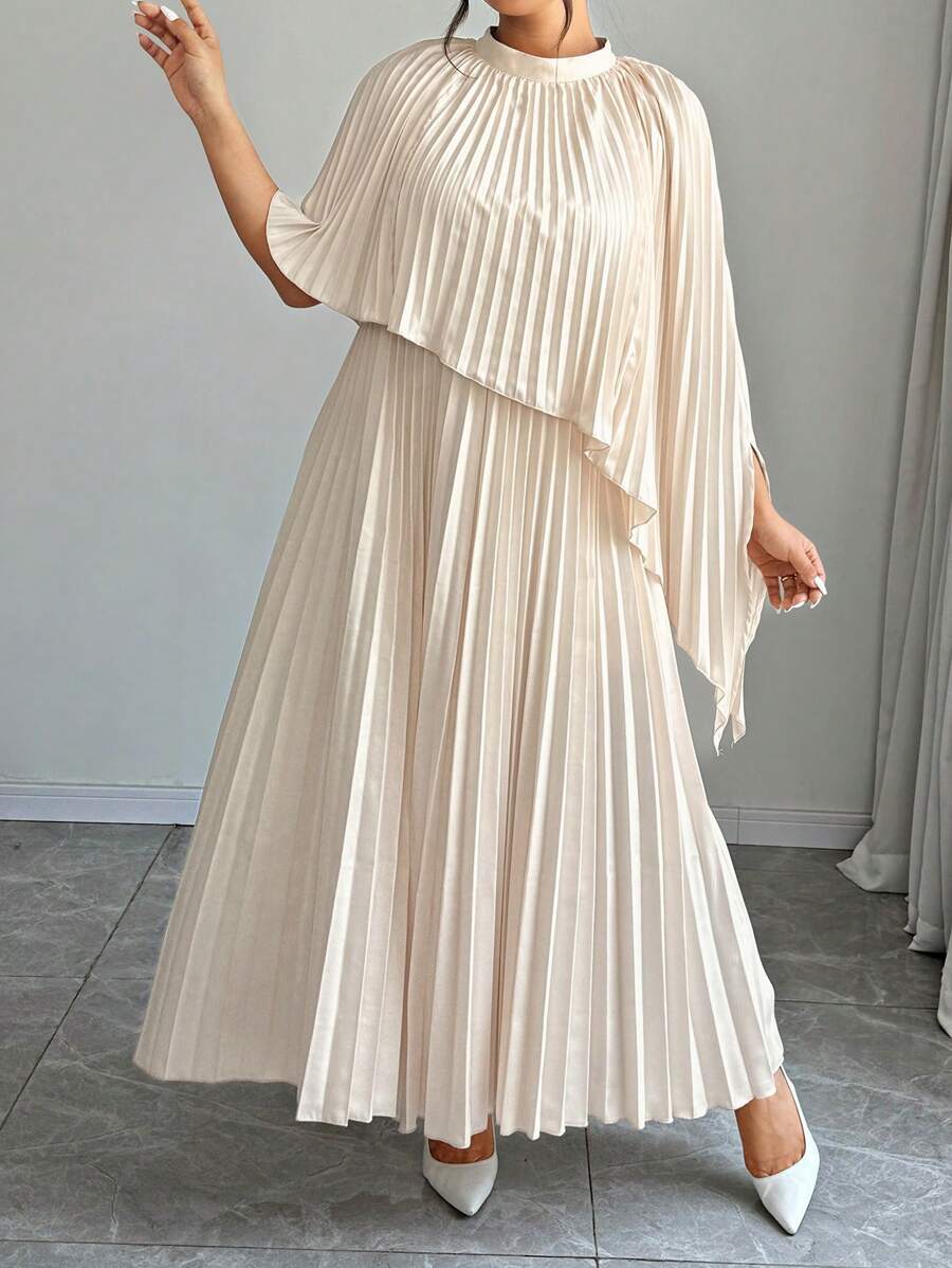 SHEIN LUNE Women's Solid Color Pleated Woven Satin Dress - Apricot - View 1