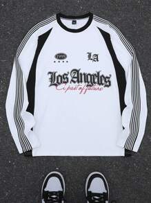 Manfinity EMRG Men's Alphanumeric Print Loose Knit White Long-Sleeved Sweatshirt, For Out, For Friends - Black and White - View 4