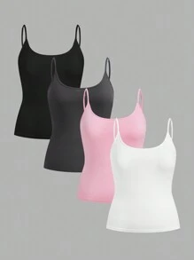 Comfortcana 4pcs/Set Plus Size Slim Fit Camisole Tank Top Set, Multi-Color - Multicolor - View 1