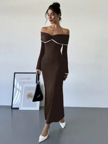 SHEIN Privé Vestidos de manga larga para mujer de talla grande, vestidos elegantes, vestidos hombros descubiertos, vestidos de cola de pez, vestido de Año Nuevo