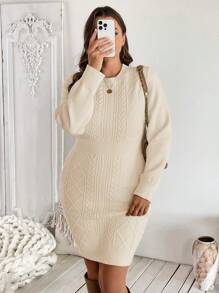 SHEIN LUNE Women Plus Size Textured Crew Neck Long Sleeve Cinched Waist Sweater Dress, Autumn/Winter