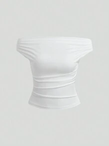 Sweetra 女士纯色露肩简约修身上衣，休闲日常穿着 - 彩色 - 查看 3