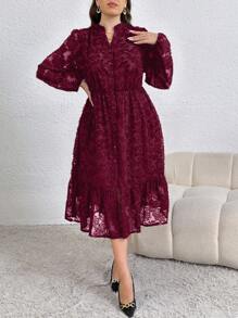 SHEIN Clasi 大码女式 V 领蕾丝长袖优雅秋季连衣裙 - 酒紅色 - 查看 1