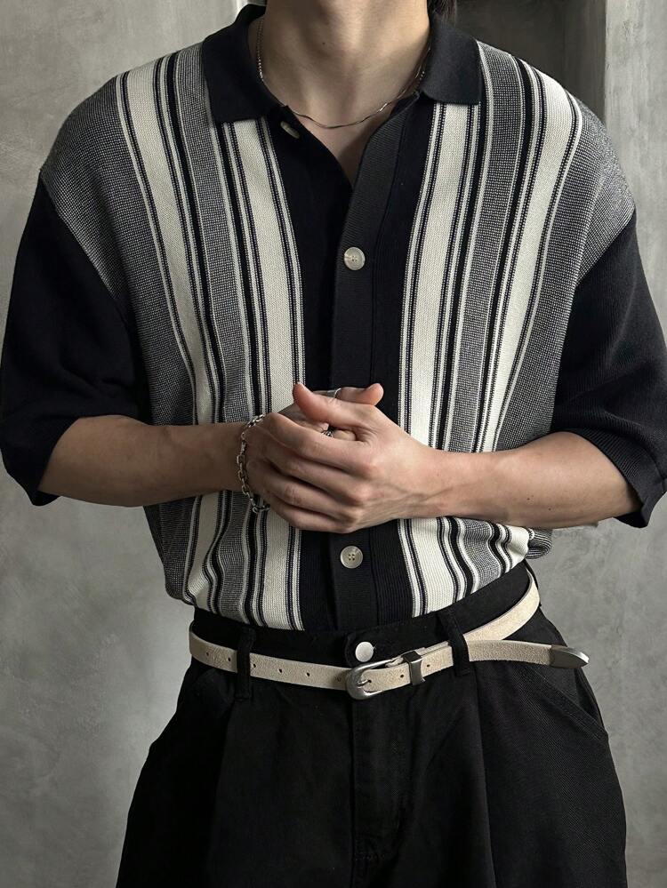 Men's Striped Black & White Open Front Knitted Cardigan, Summer