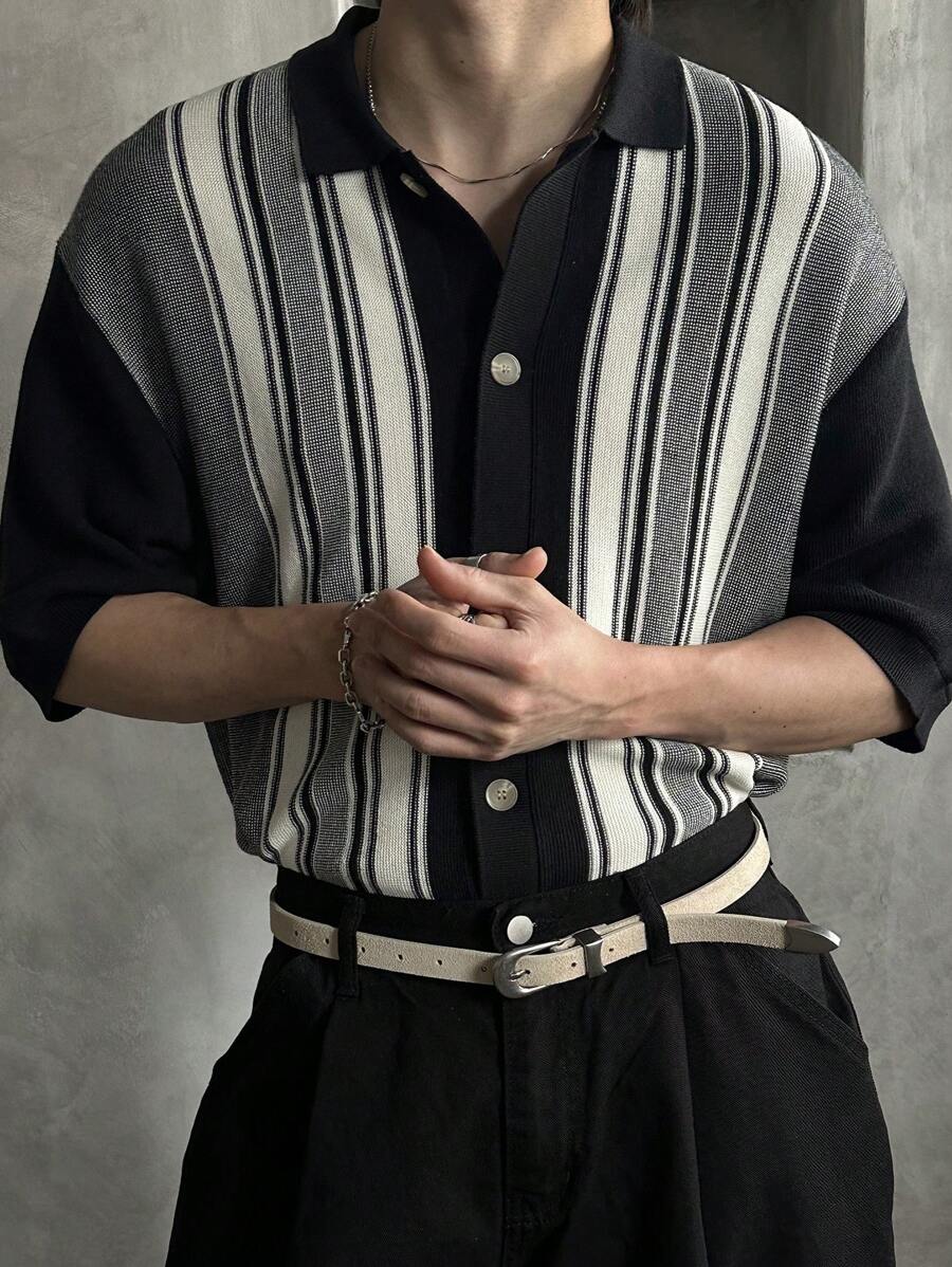 DAZY Áo len cardigan dệt kim hở phía trước kẻ sọc đen trắng cho nam, mùa hè - Đen và trắng - Xem 1