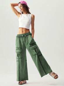 Bohemela Damen einfarbige Lässig gestrickte Weite Bein Hose mit Taschen