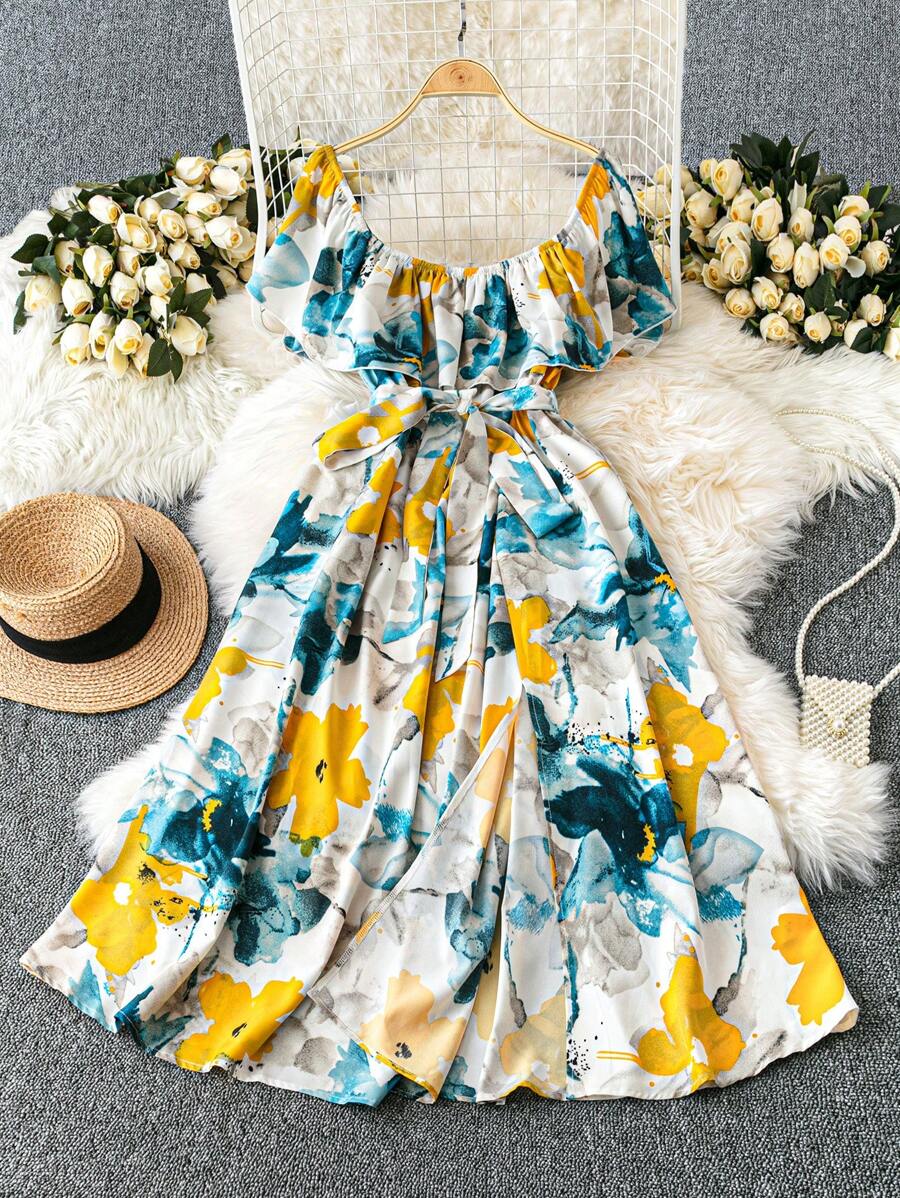 DreamSkyne Plus Size Women Off Shoulder Floral Vacation Dress, Spring/Summer - Blue - View 1