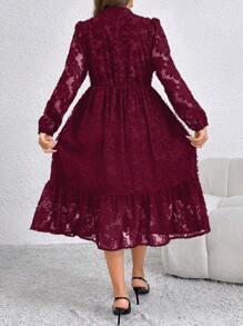 SHEIN Clasi 大码女式 V 领蕾丝长袖优雅秋季连衣裙 - 酒紅色 - 查看 2
