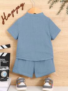 2pcs Baby Boy Casual Fashion Stand Collar Shirt Top And Shorts Set - Blue - View 2