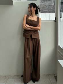 DAZY 2pcs Women Solid Color Fitted Vest Tank Top And Wide Leg Pants Set, Casual Spring Summer - Brown - View 7