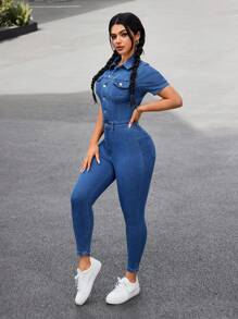 SHEIN PETITE 女士休闲水洗修身牛仔连身裤 - 藍色 - 查看 6