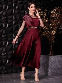 Modelyn Women's Shiny Rhinestone Mesh Splicing Satin Dress,Elegant Evening Party Maxi Dress - Burgundy - View 4