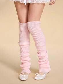 ROMWE Kawaii 1 双女式纯色竖条纹 90 厘米长针织腿套，百搭，四季皆宜 - 淺粉色 - 查看 1
