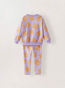 THE HAPPY LOOK 年轻女孩 2 件套可爱面包印花圆领落肩长袖运动衫和紧身裤套装，紫色 - 紫色 - 查看 2