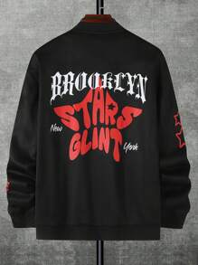 Manfinity Roghcode Men's Casual Letter & Star Print Loose Fit Baseball Jacket, Spring/Autumn - Black - View 2