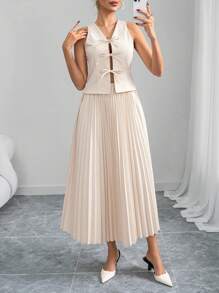 Ellevyn Women's Elegant Bowknot Tank Top & Pleated A-Line Skirt, 2 Pieces Outfit Suitable For Commute & Going Out, Spring/Summer Summer Clothes Women Skirt Set Spring Outfits For Women Two Pieces Set Women Concert Outfit Women Office Outfits For Women Wedding Guest Dress Women - Apricot - View 6