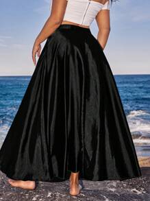 SHEIN VCAY 大码女式波西米亚风法式优雅缎面垂褶裙，时尚喇叭裙，派对和节日服装，适合夏季 - 黑色 - 查看 2