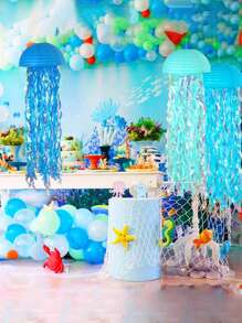 SHEIN 3 piezas de linternas de papel con forma de medusa colgantes de color azul, linternas de papel de colores degradados para fiesta con tema de sirena, decoraciones de cumpleaños de océano submarino, guirnalda para ducha de sirena, decoraciones de fiesta, cintas colgantes azules coloridas para cumpleaños, bautizo, boda, decoraciones de pared, adornos