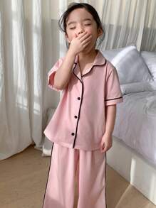 DAZY Young Girl Ruffle Collar Short Sleeve Button Up Top And Pants Pajama Set,Girls Summer Outfits - Pink - View 6