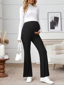 Modmama 2pcs Maternity High Waist Flared Pants, Solid Color Adjustable Waistband Pregnancy Trousers