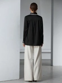 Aveloria Modichic High-End Commuter Minimalist Colorblock Shell Trim Satin Lapel Collar Long Sleeve Blouse For Women Fall Cloth For Women - Black - View 5