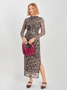 SHEIN EZwear 女式秋季豹纹侧开衩修身长裙