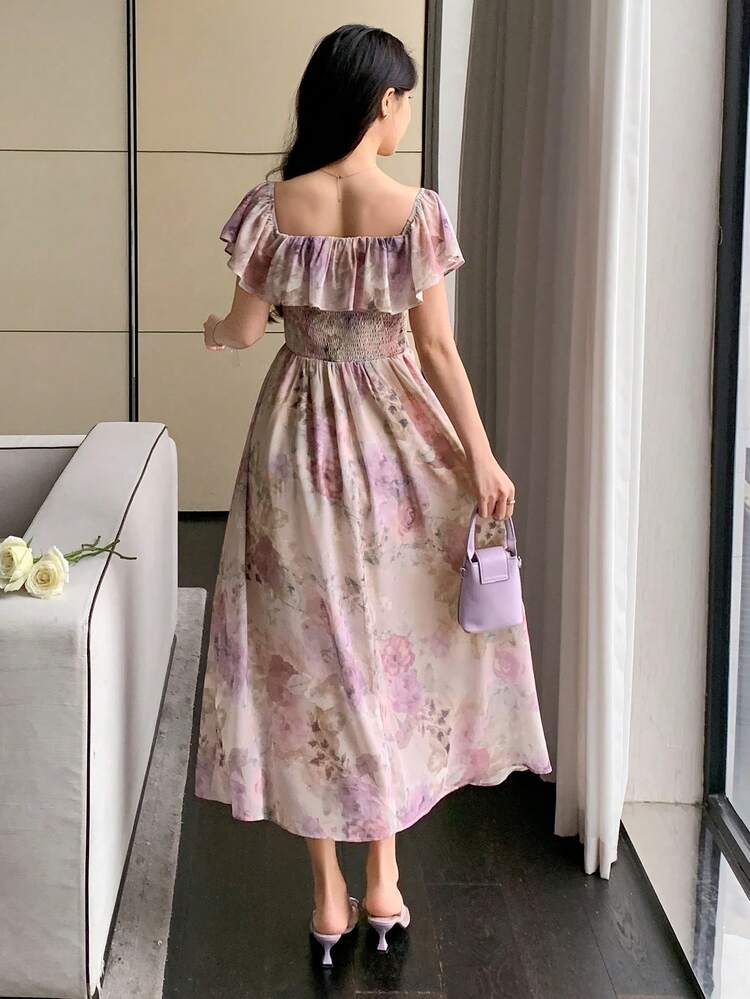 Women's All Over Print Floral Mid-Length Shirred Floral Dress Sundress Off The Shoulder Boho