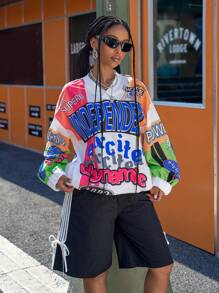 Slaydiva Women's V-Neck Long Sleeve Adjustable Hem American Style Printed Knitted Sweater, Autumn/Winter New