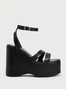 Sugerpunk Outdoor Women's Round Toe Platform Thick Sole Simple Black Buckle Sandals Spring Shoes Spring Break Easter