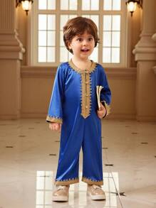 SHEIN Macacão de Manga Longa para Bebês Meninos com Design Exclusivo de Babados, Azul Marinho, Adequado para Uso Diário, Casa, Férias, Passeios, Reuniões Diárias, Primavera/Verão - Azul Royal - Visão 5