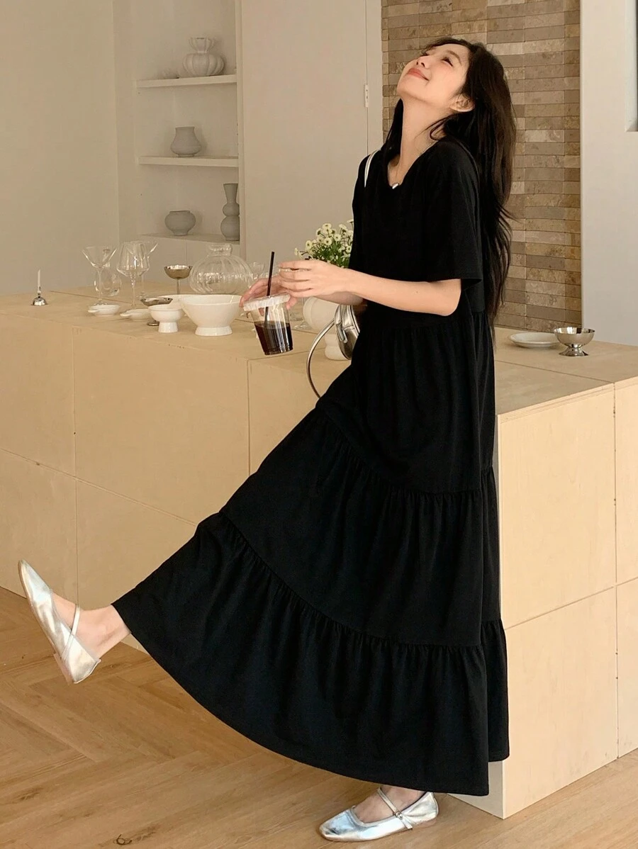 DAZY 女式休闲落肩中长连衣裙，纯色夏季 - 黑色 - 查看 1