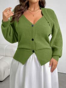 SHEIN Privé Plus Size Young Women's Romantic Date Night Deep V-Neck Long Sleeve Thermal Floral Split Bodycon Sweater, High Street Vacation Wear, Autumn