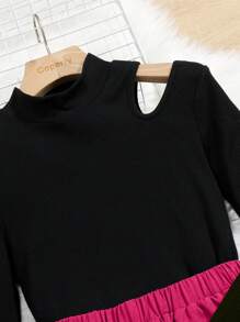 SHEIN Leap Crew Set de 2 piezas para adolescentes: Top de punto de cuello alto y pantalones de carga lisos - Rosa Fucsia - Ver 3