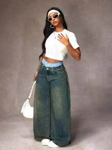 SHEIN Tall 女士复古水洗宽松阔腿牛仔裤 - 藍色 - 查看 7