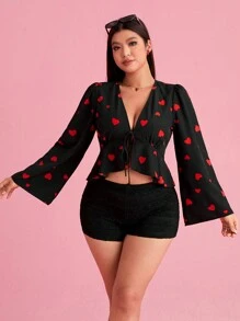 SHEIN EZwear Áo len cardigan ngắn họa tiết trái tim ngày lễ tình nhân cỡ lớn - màu đen - Xem 5